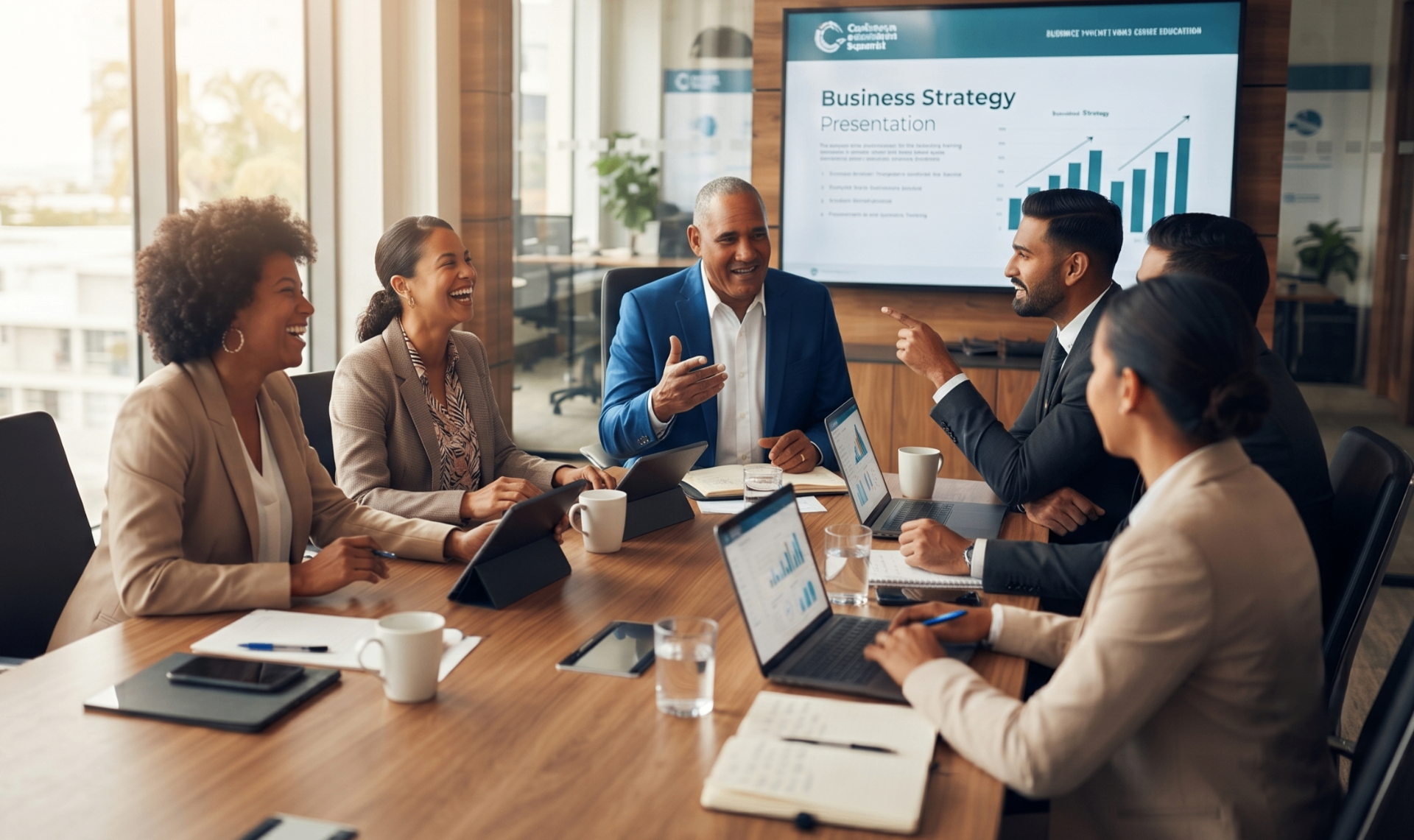 Senior Caribbean executive leading a strategic marketing discussion in a modern boardroom